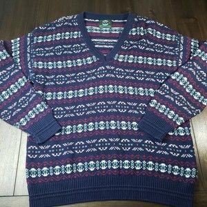 Vintage Jantzen Mens XL V Neck Sweater USA Pattern Navy Blue Red Green